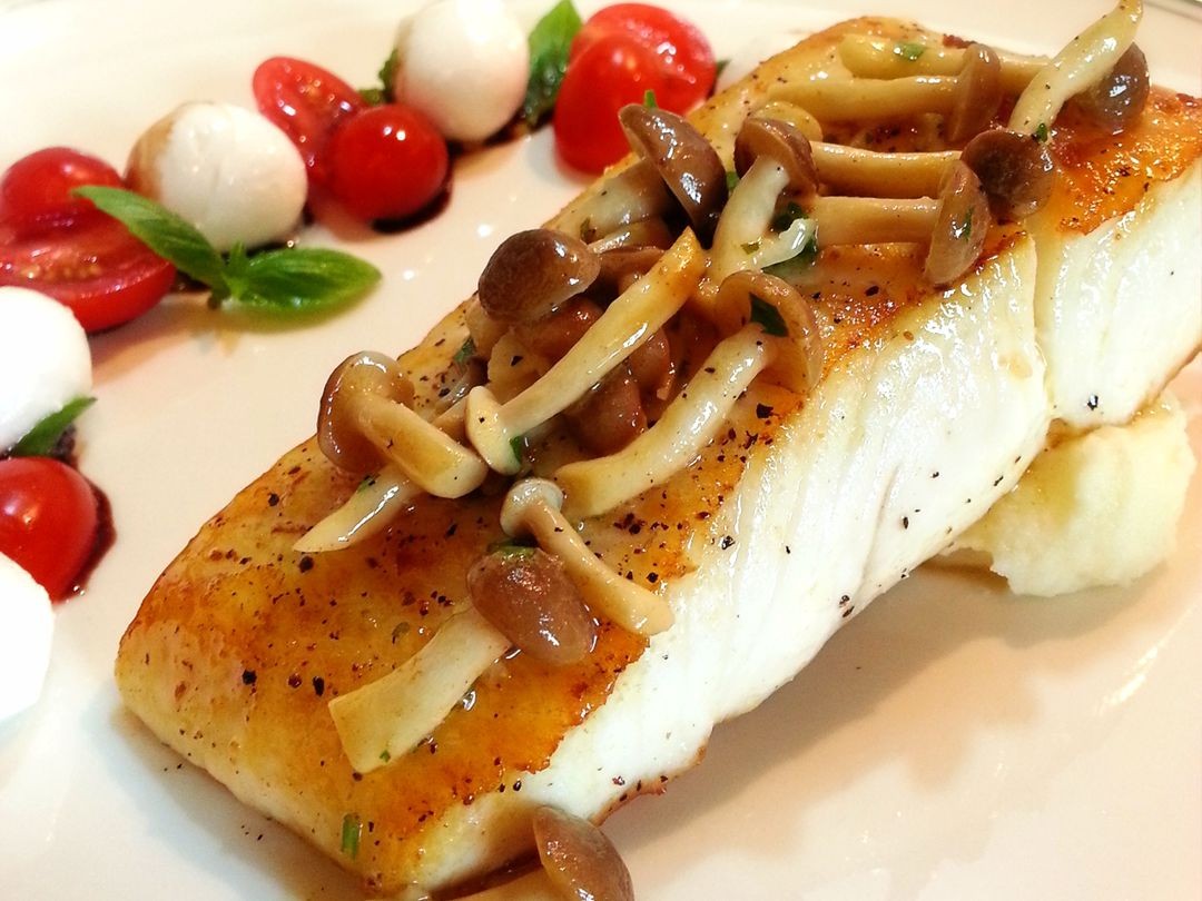 Pan Seared Halibut With Yuzu Mushroom Butter Sauce And Pomme Puree